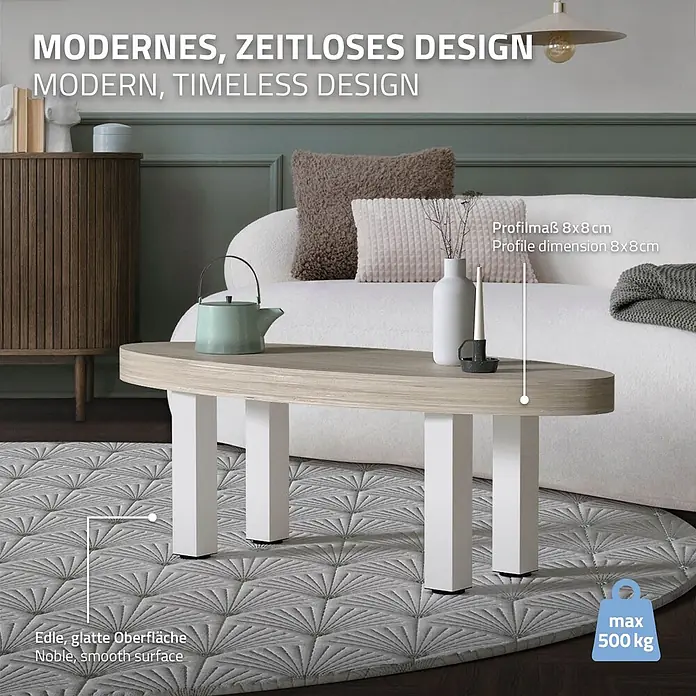 ML-Design Tischgestell 4er Set Bankkufen 42cm Weiß glänzend Möbelbeine - Traglast: 500 kg, Stahl - Moderner Couchtisch mit heller Holzoptikplatte, weißen Vierkantbeinen und glatter Oberfläche, im Wohnzimmer. Max. Traglast 500 kg.