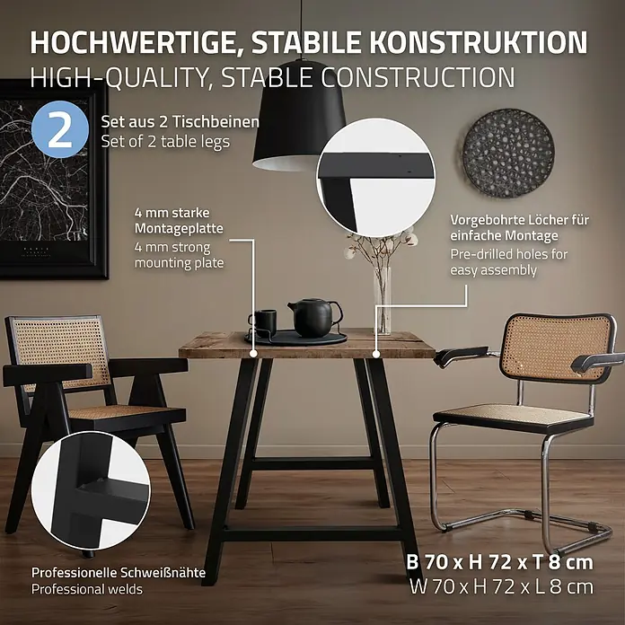 ECD Germany Tischgestell Möbelfüße A-Form Metall Tischkufen - L x B x H: 8 x 70 x 72 cm, Stahl - Set aus 2 schwarzen Metall-Tischbeinen (70x72x8 cm) mit 4mm Montageplatten und vorgebohrten Löchern für stabile Montage.