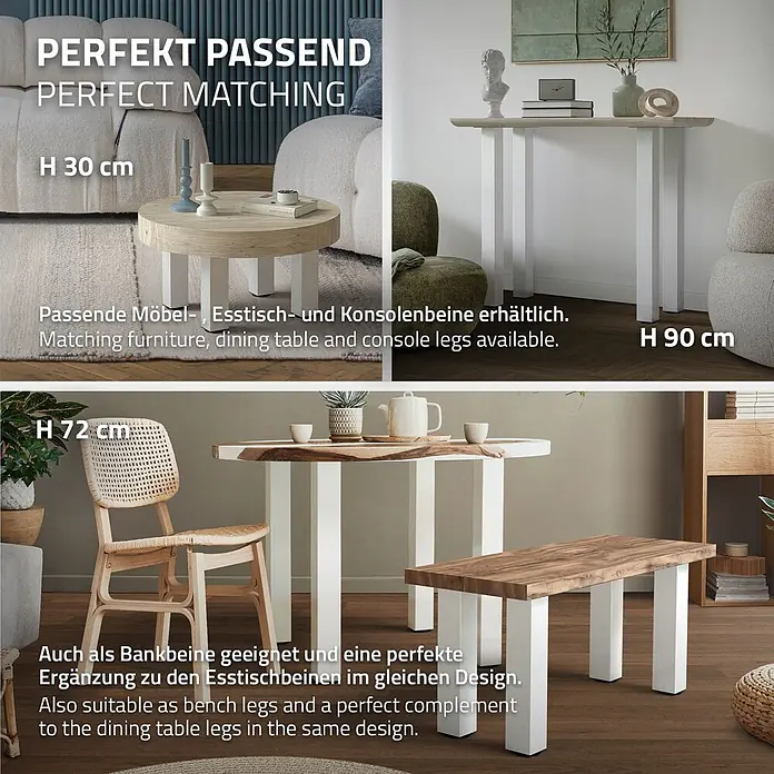 ML-Design Tischgestell 4er Set Bankkufen 42cm Weiß glänzend Möbelbeine - Traglast: 500 kg, Stahl - Vielseitige weiße, quadratische Möbelbeine für Couchtisch (H 30cm), Konsolentisch (H 90cm), Esstisch (H 72cm) und Bank.