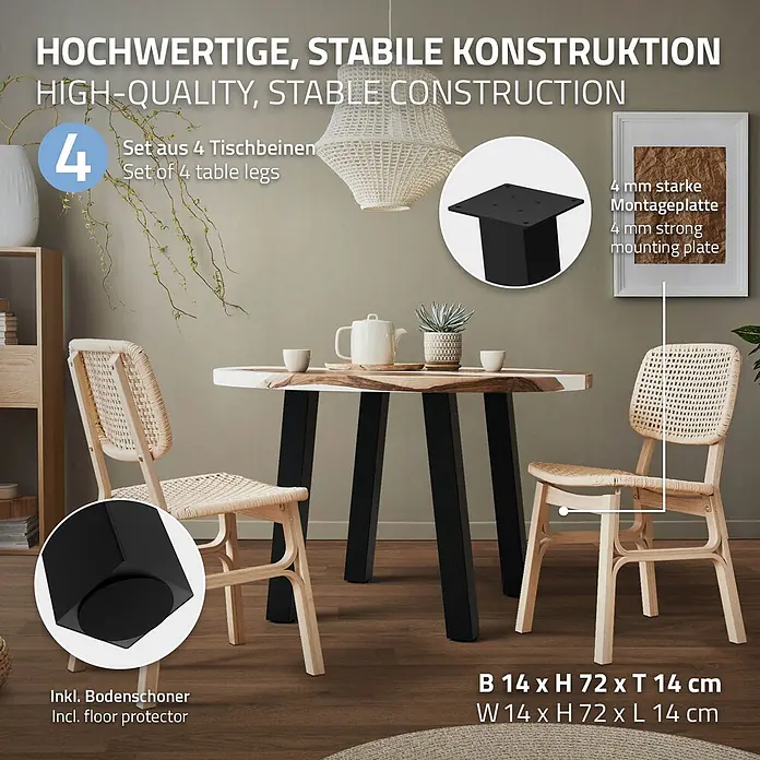 ML-Design Tischgestell 4er Set Tischbeine schräg Möbelfüße und aus Stahl - Traglast: 500 kg, Stahl - Set aus 4 schwarzen Metall-Tischbeinen (14x72x14 cm) mit 4 mm starken Montageplatten und Bodenschonern. An einem Esstisch montiert.