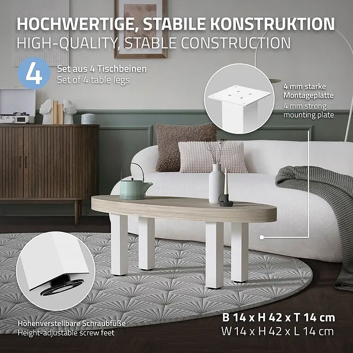 ML-Design Tischgestell 4er Set Bankkufen 42cm Weiß glänzend Möbelbeine - Traglast: 500 kg, Stahl - Set aus 4 weißen, höhenverstellbaren Tischbeinen mit 4mm starken Montageplatten, die einen Couchtisch stützen. Maße: 14x42x14 cm.