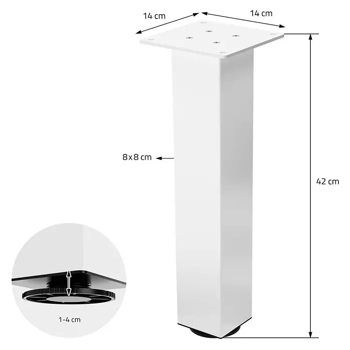 ML-Design Tischgestell 4er Set Bankkufen 42cm Weiß glänzend Möbelbeine - Traglast: 500 kg, Stahl - Weißes quadratisches Möbelbein, 42 cm hoch, mit 14x14 cm Montageplatte und 1-4 cm Höhenverstellung.