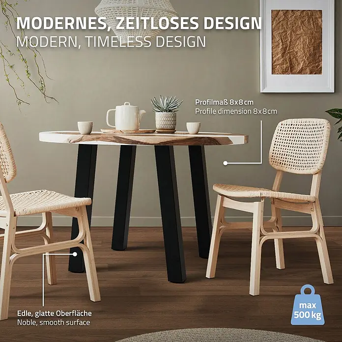 ML-Design Tischgestell 4er Set Tischbeine schräg Möbelfüße und aus Stahl - Traglast: 500 kg, Stahl - Moderner runder Esstisch mit weißer, glatter Platte und robusten schwarzen Beinen, umgeben von hellen Holzstühlen mit Korbsitz.