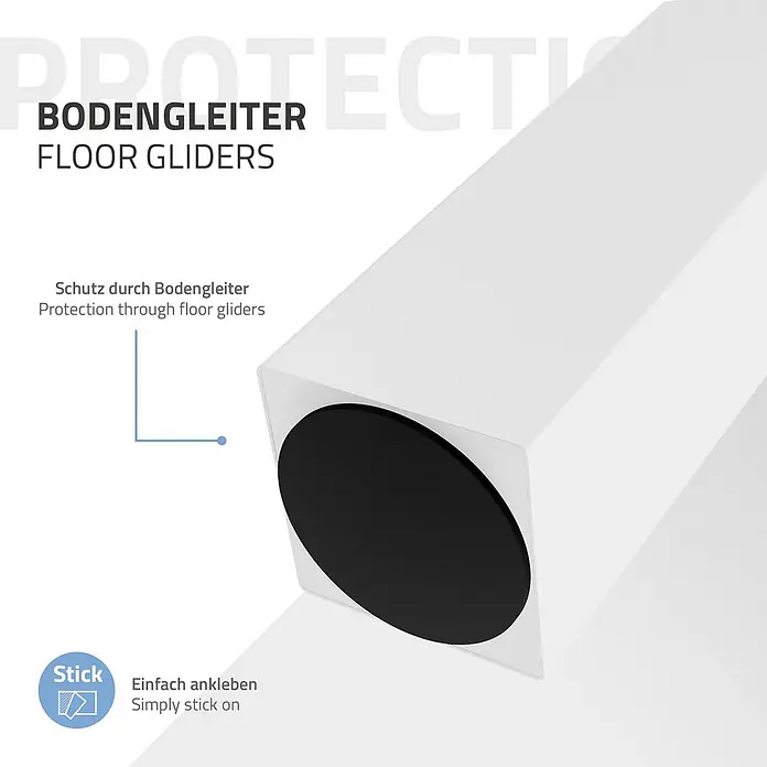 ML-Design Tischgestell Bankkufen I-Design 30cm Weiß glänzend Möbelbeine 96° Neigung - Stahl - Schwarzer runder Bodengleiter an einem weißen Möbelbein, einfache Klebeanwendung zum Schutz.