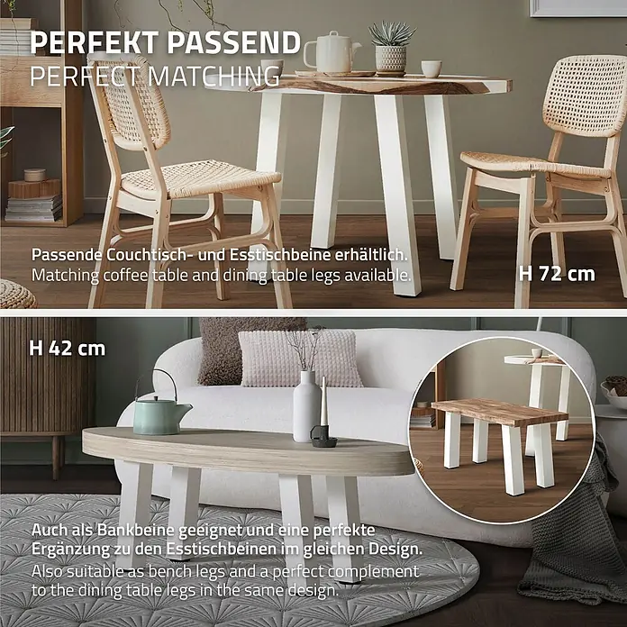 ML-Design Tischgestell Bankkufen I-Design 30cm Weiß glänzend Möbelbeine 96° Neigung - Stahl - Weiße trapezförmige Tischbeine, 72cm (Esstisch) und 42cm (Couchtisch/Bank). Perfektes passendes Design.