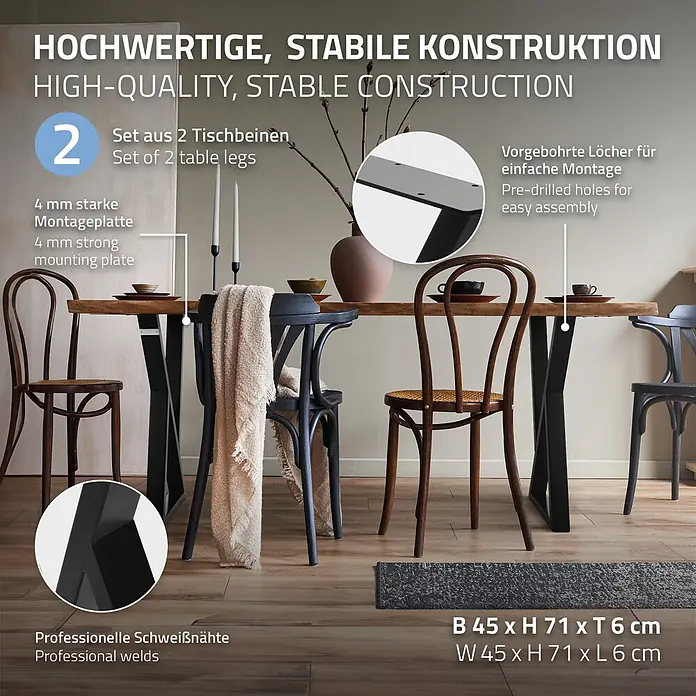 ML-Design Tischgestell Kufengestell X-Form Schwarz für Esstisch/Schreibtisch DIY-Projekte - Stahl - Zwei schwarze Metall-Tischbeine tragen eine hölzerne Esstischplatte, zeigen stabile Konstruktion, 4mm Montageplatte und professionelle Schweißnähte.