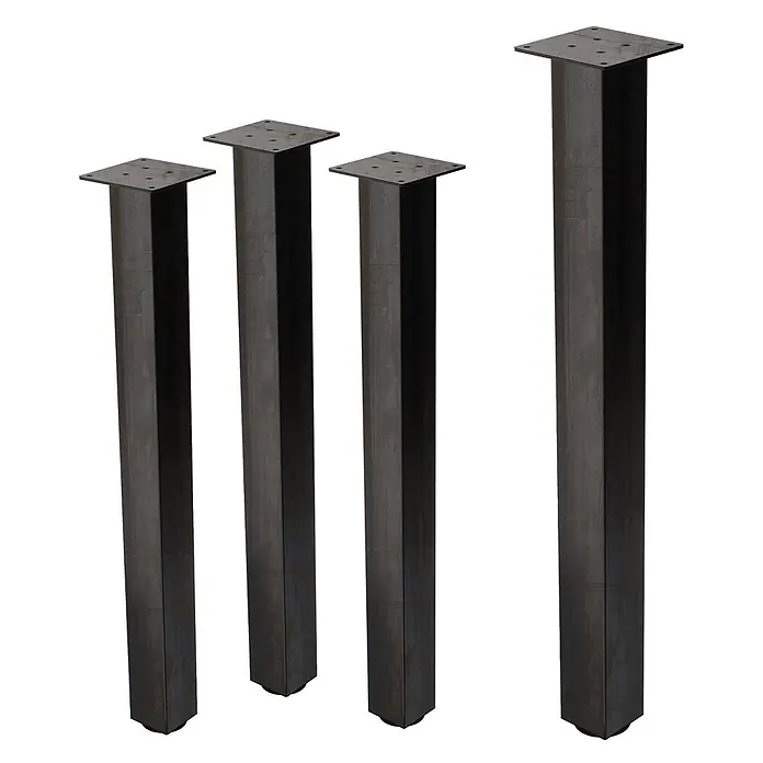 ML-Design Tischgestell 4er Set Bankkufen 90 cm Industrial Möbelbeine für Couchtische Bänke - Stahl - Vier dunkelgraue, quadratische Tischbeine aus Industriestahl mit Montageplatten, drei kürzer, eines länger.