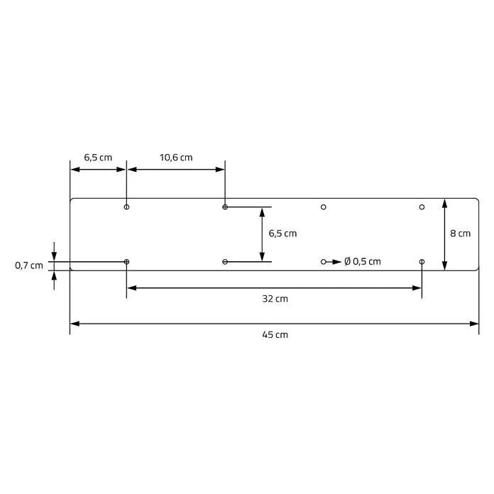 ML-Design Tischgestell Kufengestell X-Form Schwarz für Esstisch/Schreibtisch DIY-Projekte - Stahl - Bemaßte technische Zeichnung einer rechteckigen Komponente mit mehreren Ø0,5 cm Löchern. Gesamtlänge 45 cm, mit detaillierten Lochpositionen.