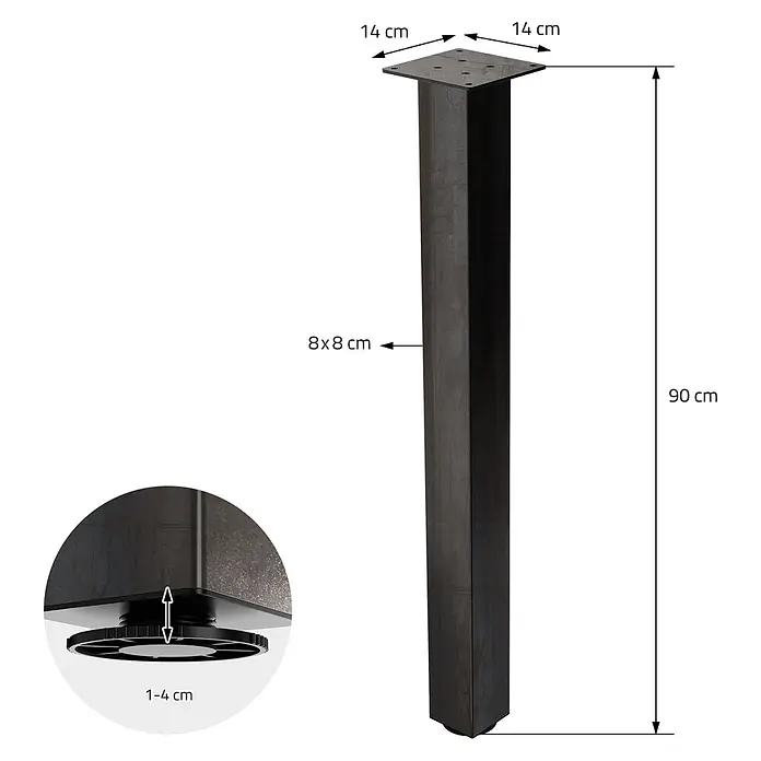ML-Design Tischgestell 4er Set Bankkufen 90 cm Industrial Möbelbeine für Couchtische Bänke - Stahl - Dunkles Metalltischbein, 90 cm hoch, mit 14x14 cm Montageplatte, 8x8 cm Profil und 1-4 cm verstellbarem Fuß.