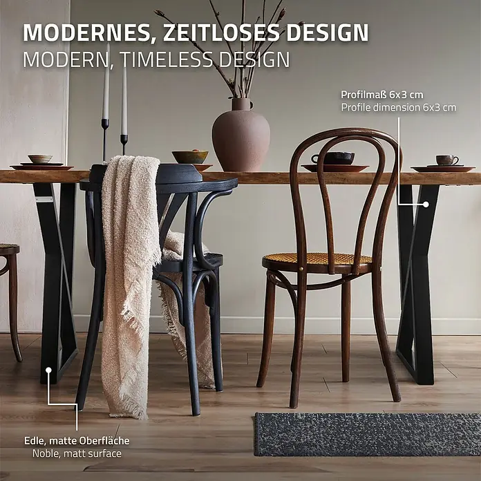 ML-Design Tischgestell Kufengestell X-Form Schwarz für Esstisch/Schreibtisch DIY-Projekte - Stahl - Moderner Esstisch mit matten schwarzen X-Beinen und Holztischplatte in einem modernen Esszimmer.