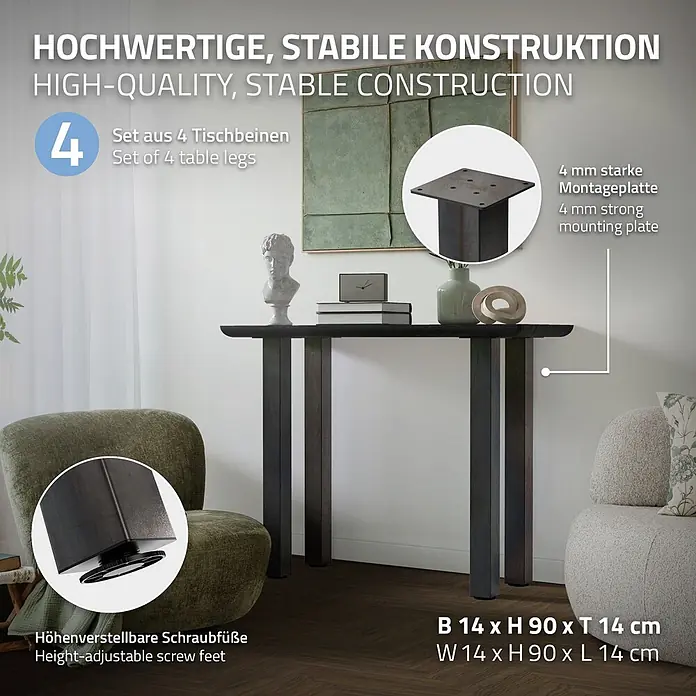 ML-Design Tischgestell 4er Set Bankkufen 90 cm Industrial Möbelbeine für Couchtische Bänke - Stahl - Set aus 4 dunklen Metall-Tischbeinen mit 4mm starken Montageplatten und höhenverstellbaren Füßen, Maße B14xH90xT14cm.
