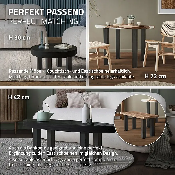 ML-Design Tischgestell 4er Set Bankkufen 90 cm Industrial Möbelbeine für Couchtische Bänke - Stahl - Dunkle, robuste Möbelbeine in drei Höhen (30, 42, 72 cm) für Couch-, Ess- und Banktische im passenden Design.