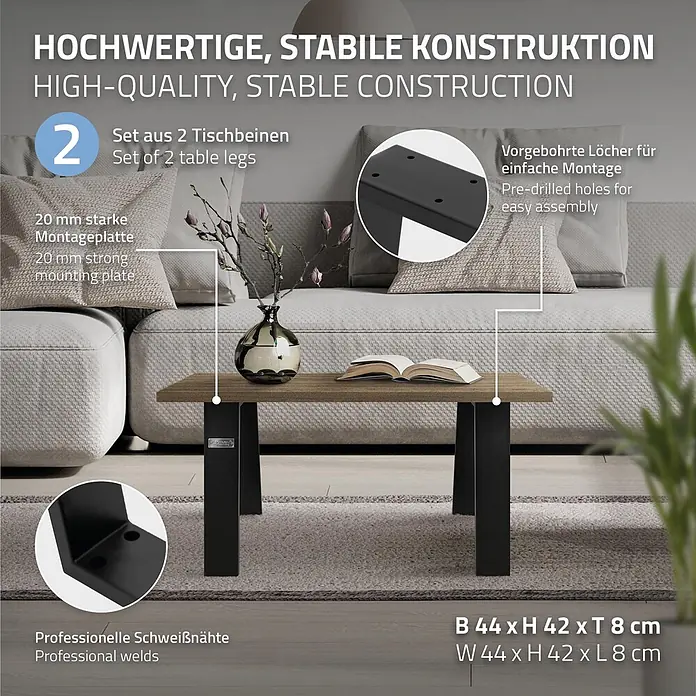 ML-Design Tischgestell Loft 2er Set aus Stahl Industriedesign U-Form - L x B x H: 8 x 44 x 42 cm, Stahl - Zwei schwarze Metalltischbeine tragen eine Holzplatte, mit Merkmalen wie stabiler Konstruktion, vorgebohrten Löchern und professionellen Schweißnähten.