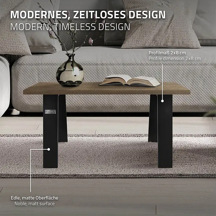 ML-Design Tischgestell Loft 2er Set aus Stahl Industriedesign U-Form - L x B x H: 8 x 44 x 42 cm, Stahl - Ein moderner Couchtisch mit brauner Holzplatte und schwarzen Metallbeinen, in einem Wohnzimmer verwendet.
