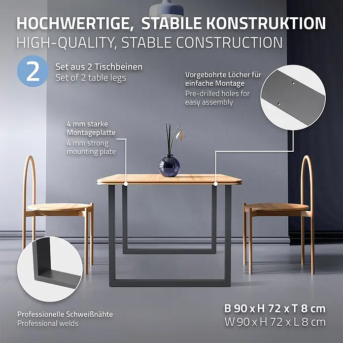 ECD Germany Tischgestell Tischgestell 90x72 cm Anthrazit Bankkufen Industriedesign Möbelfüße Metall - Stahl - Zwei dunkelgraue Metall-Tischbeine mit 4mm Montageplatte, vorgebohrten Löchern und professionellen Schweißnähten, tragen eine Holzplatte.