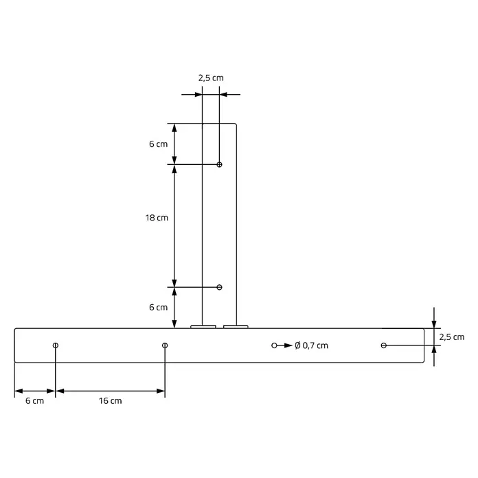 ML-Design Tischgestell Kufengestell Bankkufen für Couchtisch/Sitzbank DIY-Projekte - Stahl - Technische Zeichnung eines T-förmigen Ständers. Vertikaler Teil 18 cm hoch, 2,5 cm breit. Horizontale Basis 2,5 cm dick mit Ø0,7 cm Befestigungslöchern.