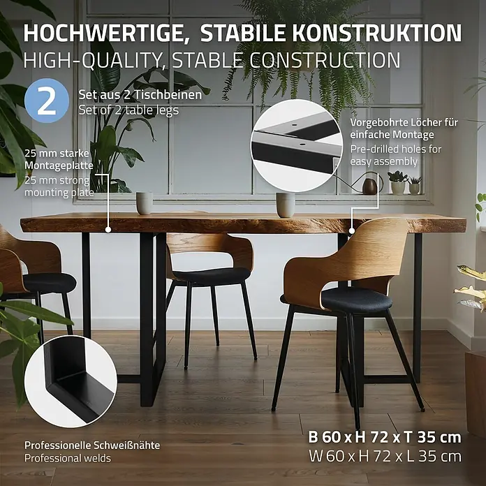 ML-Design Tischgestell Kufengestell Bankkufen für Couchtisch/Sitzbank DIY-Projekte - Stahl - Zwei schwarze Metall-Tischbeine mit 25mm Montageplatte, vorgebohrten Löchern und professionellen Schweißnähten, tragen eine Holzplatte.