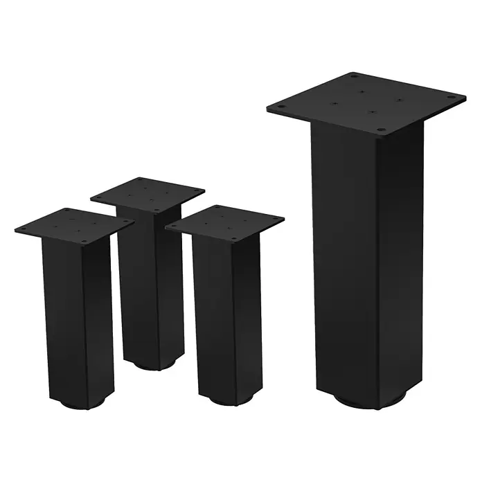 ML-Design Tischgestell 4er Set Bankkufen 30cm Schwarz glänzend Möbelbeine - Stahl - Vier schwarze, rechteckige Metall-Möbelfüße unterschiedlicher Höhe, mit quadratischen Montageplatten und verstellbaren Füßen.