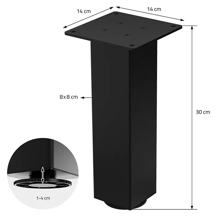 ML-Design Tischgestell 4er Set Bankkufen 30cm Schwarz glänzend Möbelbeine - Stahl - Schwarzes Möbelbein, 30 cm hoch, mit 14x14 cm Montageplatte und 1-4 cm höhenverstellbarem Fuß.