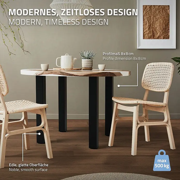 ML-Design Tischgestell 4er Set I-Design 72cm Schwarz glänzend Möbelbeine - Stahl - Modernes Esszimmer-Set: runder Holztisch mit schwarzen Beinen und zwei Stühlen aus hellem Holz und Wiener Geflecht.
