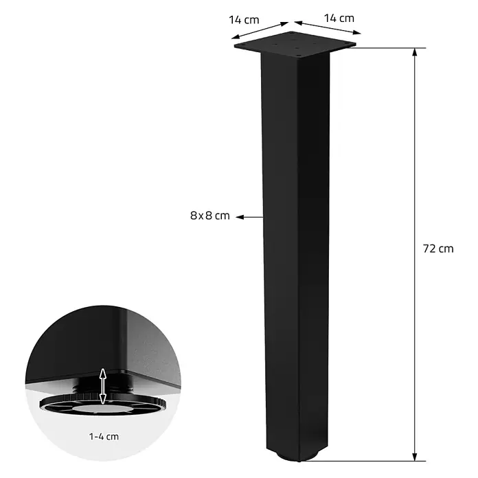 ML-Design Tischgestell 4er Set I-Design 72cm Schwarz glänzend Möbelbeine - Stahl - Schwarzes Metall-Tischbein, 72 cm hoch, mit 14x14 cm Montageplatte, 8x8 cm Bein, und 1-4 cm verstellbarem Fuß.
