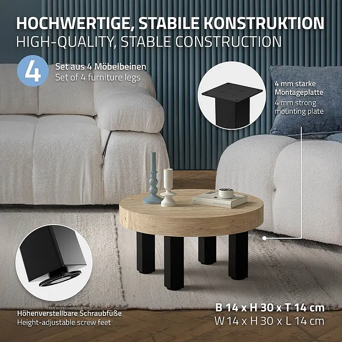 ML-Design Tischgestell 4er Set Bankkufen 30cm Schwarz glänzend Möbelbeine - Stahl - Set aus 4 schwarzen Metall-Möbelfüßen mit 4mm starken Montageplatten und höhenverstellbaren Schraubfüßen.