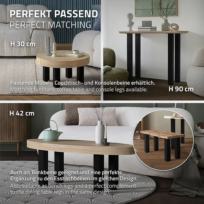 ML-Design Tischgestell 4er Set I-Design 72cm Schwarz glänzend Möbelbeine - Stahl - Verschiedene Tische und eine Bank mit schwarzen, rechteckigen Beinen und Holzplatten, erhältlich in 30, 42 und 90 cm Höhe für passendes Möbeldesign.