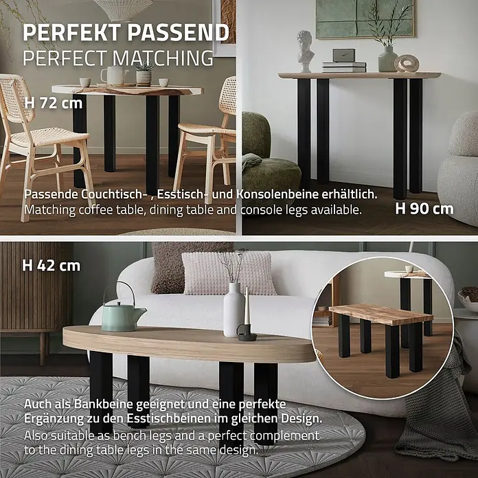 ML-Design Tischgestell 4er Set Bankkufen 30cm Schwarz glänzend Möbelbeine - Stahl - Schwarze, rechteckige Möbelfüße in 72, 90, 42 cm Höhe, passend für Ess-, Konsolen-, Couchtische und Bänke.
