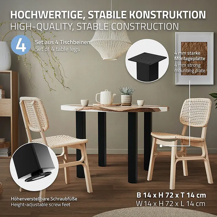 ML-Design Tischgestell 4er Set I-Design 72cm Schwarz glänzend Möbelbeine - Stahl - Vier schwarze Tischbeine mit 4 mm starken Montageplatten und höhenverstellbaren Schraubfüßen für eine stabile Konstruktion.