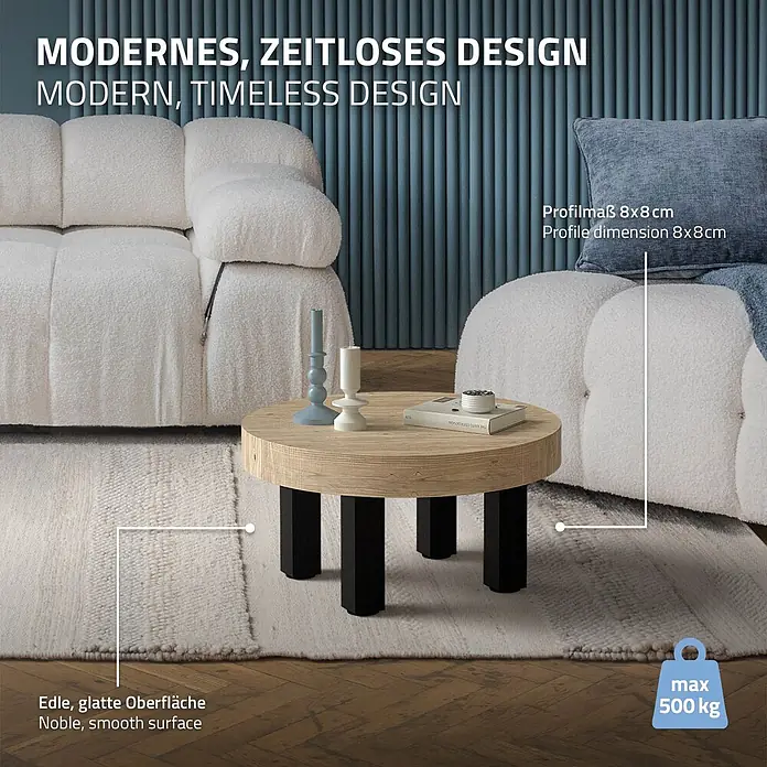 ML-Design Tischgestell 4er Set Bankkufen 30cm Schwarz glänzend Möbelbeine - Stahl - Runder Couchtisch aus Holz mit schwarzen Beinen in einem modernen Wohnzimmer, dekoriert mit Kerzen und einem Buch.