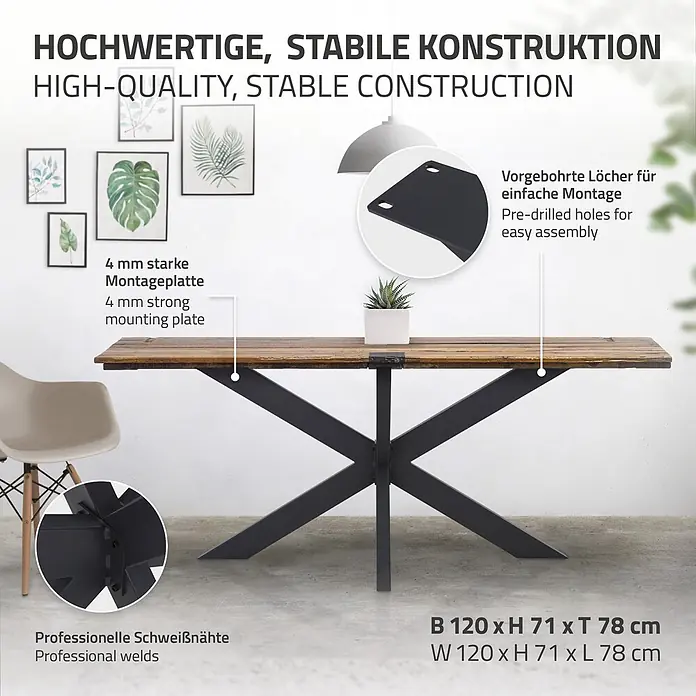 ML-Design Tischgestell Spider Kreuzgestell Schwerlast aus Stahl für DIY - Traglast: 150 kg, Stahl - Esstisch (B120xH71xT78cm) mit Holzplatte, schwarzen X-förmigen Metallbeinen, 4mm Montageplatte, vorgebohrten Löchern und professionellen Schweißnähten.