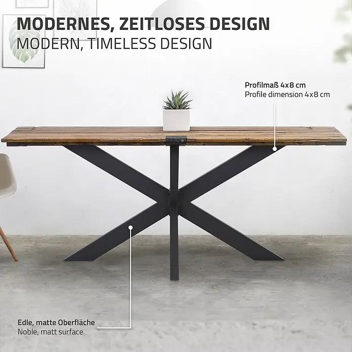ML-Design Tischgestell Spider Kreuzgestell Schwerlast aus Stahl für DIY - Traglast: 150 kg, Stahl - Esstisch aus Holz mit schwarzen X-förmigen Metallbeinen und matter Oberfläche.
