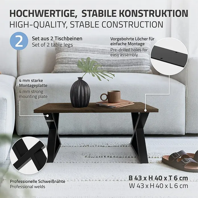 ML-Design Tischgestell Kufengestell Bankkufen X-Form Schwarz Bankbeine für DIY-Projekte - Stahl - Schwarze Metall-Tischbeine tragen einen dunklen Holztisch, Betonung auf stabile, hochwertige Konstruktion mit vorgebohrten Löchern zur einfachen Montage.