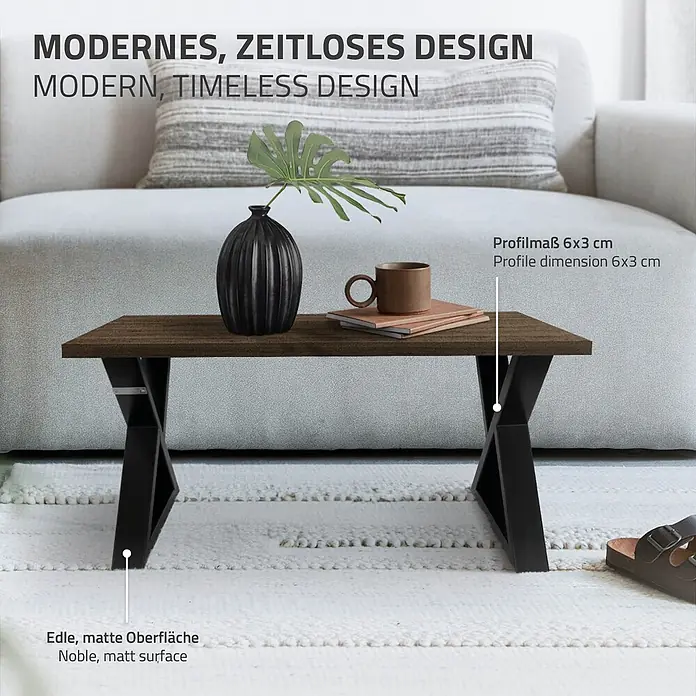 ML-Design Tischgestell Kufengestell Bankkufen X-Form Schwarz Bankbeine für DIY-Projekte - Stahl - Moderner Beistelltisch mit edler, mattbrauner Platte und schwarzen X-förmigen Beinen (Profil 6x3 cm), in modernem, zeitlosem Design.