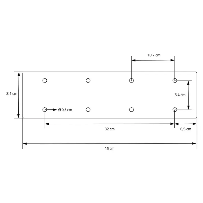 ML-Design Tischgestell Kufengestell Bankkufen X-Form Schwarz Bankbeine für DIY-Projekte - Stahl - Technische Zeichnung einer rechteckigen Montageplatte mit 8 Löchern, 45 cm lang, 8,1 cm breit. Löcher 0,5 cm Durchmesser.