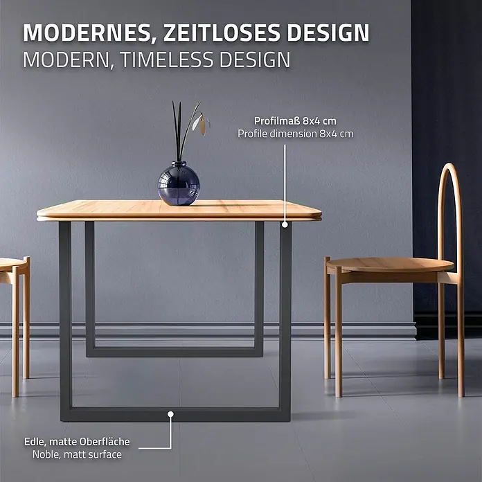 ECD Germany Tischgestell Tischgestell 80x72cm Anthrazit Bankkufen Industriedesign Möbelfüße Metall - Stahl - Moderner Esstisch mit heller Holzplatte und edlen, matten dunkelgrauen U-förmigen Metallbeinen (Profil 8x4 cm).