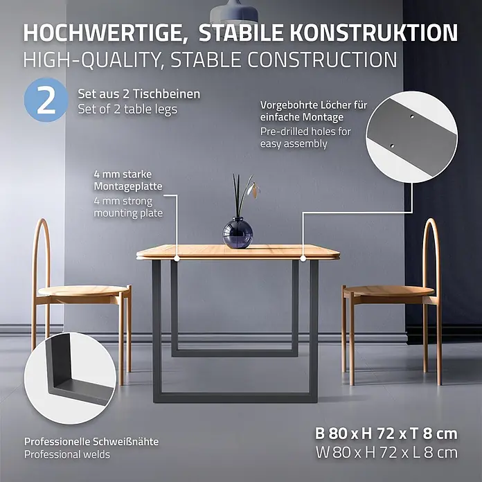ECD Germany Tischgestell Tischgestell 80x72cm Anthrazit Bankkufen Industriedesign Möbelfüße Metall - Stahl - Set aus zwei schwarzen Metall-Tischbeinen mit vorgebohrten Löchern, 4mm Montageplatte und professionellen Schweißnähten für stabile Konstruktion.