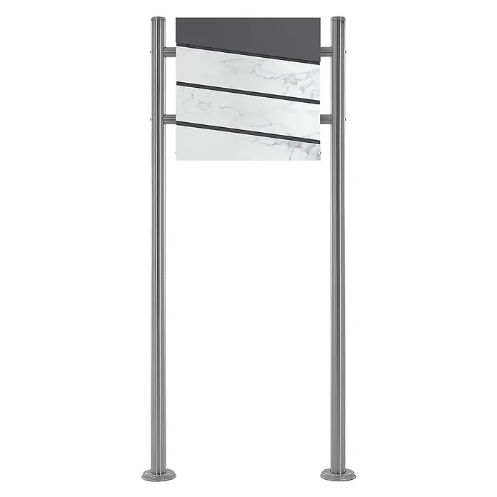 ECD Germany Standbriefkasten Anthrazit-Marmoroptik Silber 120 cm -  - Moderner Handtuchheizkörper mit polierten Edelstahlpfosten, weißen Marmor-Paneelen und dunkelgrauen Querelementen.