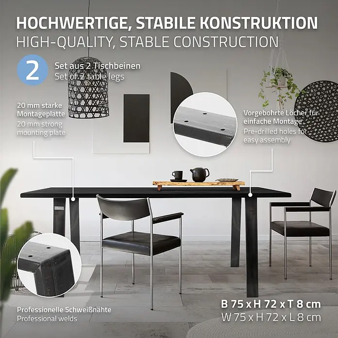 ML-Design Tischgestell Bankgestell Bankbeine 75x72cm Industrial Tischkufen Profil 8x2cm Möbelfüße - Stahl - Zwei schwarze Metall-Tischbeine (75x72x8 cm) mit starken Montageplatten und vorgebohrten Löchern.