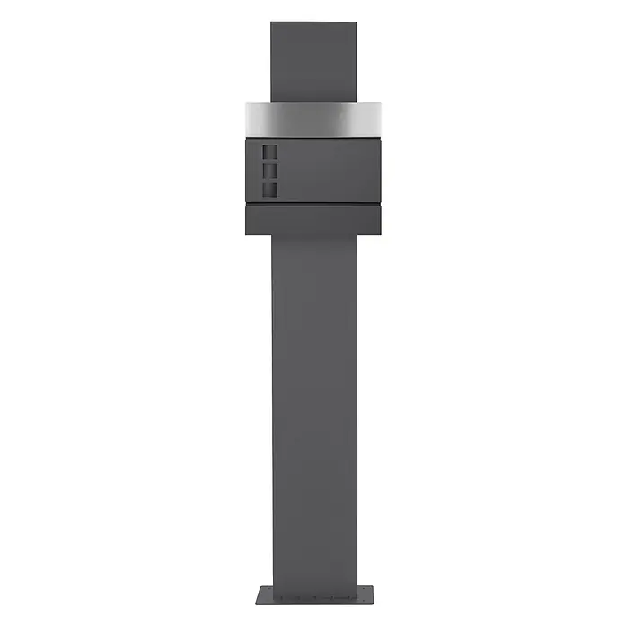 ECD Germany Standbriefkasten Briefkastenanlage mit Ständer Anthrazit 170cm Mailbox mit Pfosten - L x B x H: 23,5 x 37 x 170 cm, Anthrazit, Silber, Edelstahl - Moderner dunkelgrauer Paket-/Briefkasten mit silbernem Akzentstreifen und quadratischen Öffnungen an der Seite auf einem Standfuß.