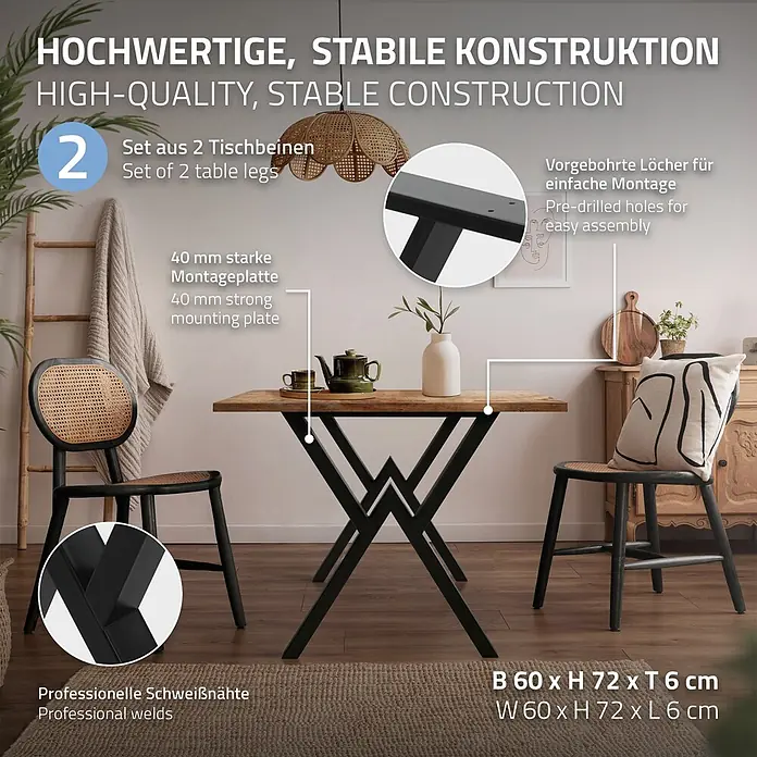 ML-Design Tischgestell Kufengestell X-Form Schwarz für Esstisch/Schreibtisch DIY-Projekte - Stahl - Schwarze X-förmige Metall-Tischbeine mit professionellen Schweißnähten und stabiler Montageplatte, die eine Holz-Tischplatte tragen.