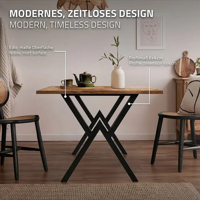 ML-Design Tischgestell Kufengestell X-Form Schwarz für Esstisch/Schreibtisch DIY-Projekte - Stahl - Moderner Esstisch mit edler, matter Holzplatte und schwarzen Metall-X-Beinen (6x4 cm Profil).