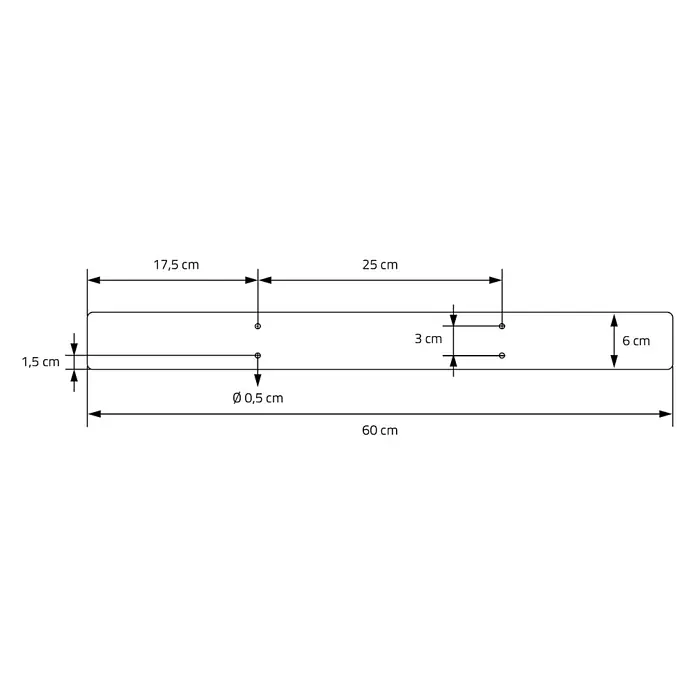 ML-Design Tischgestell Kufengestell X-Form Schwarz für Esstisch/Schreibtisch DIY-Projekte - Stahl - Technische Zeichnung einer 60x6 cm Rechteckplatte mit abgerundeten Ecken und vier Ø 0,5 cm Löchern, bemaßt für präzise Positionierung.