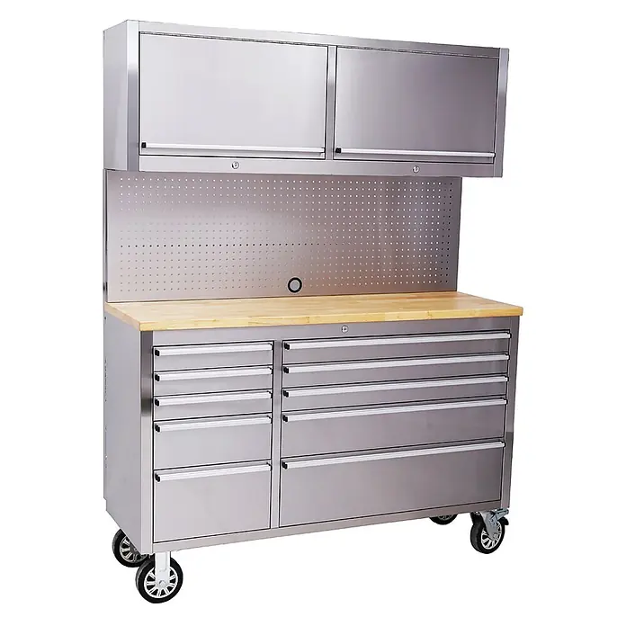 Ondis24 Werkbank Werkstatt 148 - L x B: 140 x 48,5 cm, Arbeitshöhe: 950 mm, Belastbarkeit: 510 kg, Edelstahl - Werkbank aus Edelstahl mit Holzplatte, Lochwand, Rollen, mehreren Schubladen und Hängeschränken.