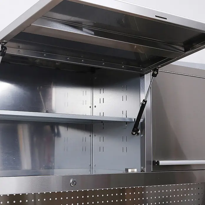 Ondis24 Werkbank Werkstatt 148 - L x B: 140 x 48,5 cm, Arbeitshöhe: 950 mm, Belastbarkeit: 510 kg, Edelstahl - Offener Edelstahl-Hängeschrank mit Fachboden und Gasdruckfeder, die die Tür hält.