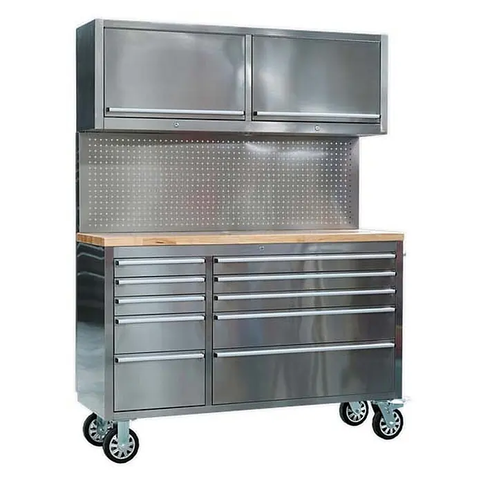 Ondis24 Werkbank Werkstatt 148 - L x B: 140 x 48,5 cm, Arbeitshöhe: 950 mm, Belastbarkeit: 510 kg, Edelstahl - Edelstahl-Werkbank auf Rollen mit Holzplatte, Lochwand, Schubladen und Oberschränken.