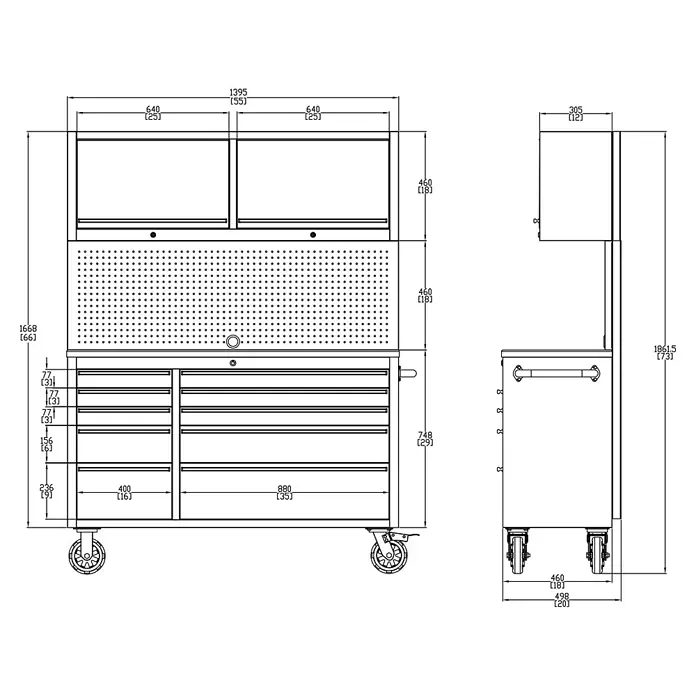 Ondis24 Werkbank Werkstatt 148 - L x B: 140 x 48,5 cm, Arbeitshöhe: 950 mm, Belastbarkeit: 510 kg, Edelstahl - Maßzeichnung einer modularen Metall-Werkzeugkiste mit mehreren Schubladen, Lochwand und oberen Schränken auf Rollen.