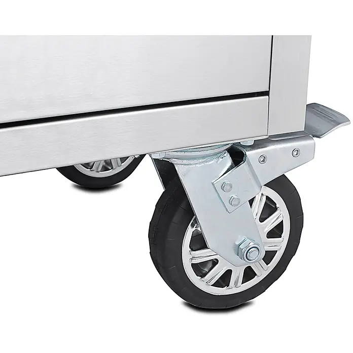 Ondis24 Werkbank Werkstatt 148 - L x B: 140 x 48,5 cm, Arbeitshöhe: 950 mm, Belastbarkeit: 510 kg, Edelstahl - Unterteil aus gebürstetem Edelstahl mit verzinktem Lenkrad und schwarzem Gummireifen.