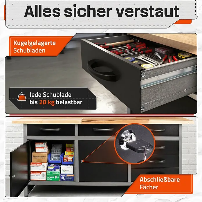 Ondis24 Werkbank Konny - L x B: 160 x 60 cm, Arbeitshöhe: 850 mm, Belastbarkeit: 510 kg, Schwarz - Schwarze Werkbank mit Holzplatte, kugelgelagerten Schubladen (bis 20kg) und abschließbaren Fächern.