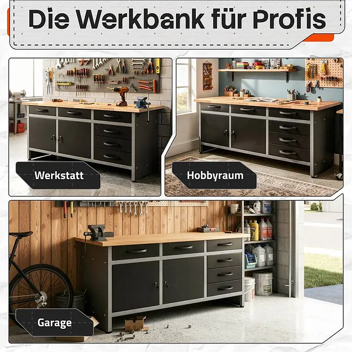 Ondis24 Werkbank Konny - L x B: 160 x 60 cm, Arbeitshöhe: 850 mm, Belastbarkeit: 510 kg, Schwarz - Eine vielseitige Werkbank mit heller Holzplatte und dunklen Schränken, geeignet für Werkstatt, Hobbyraum oder Garage.